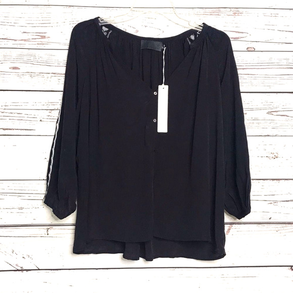 Line & Dot Black 3/4 Sleeve Embroidered Blouse - Picture 1 of 6